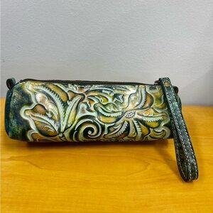 Patricia Nash Floral Embossed Wristlet Isla Turquoise Tooled Floral Oblong Pouch